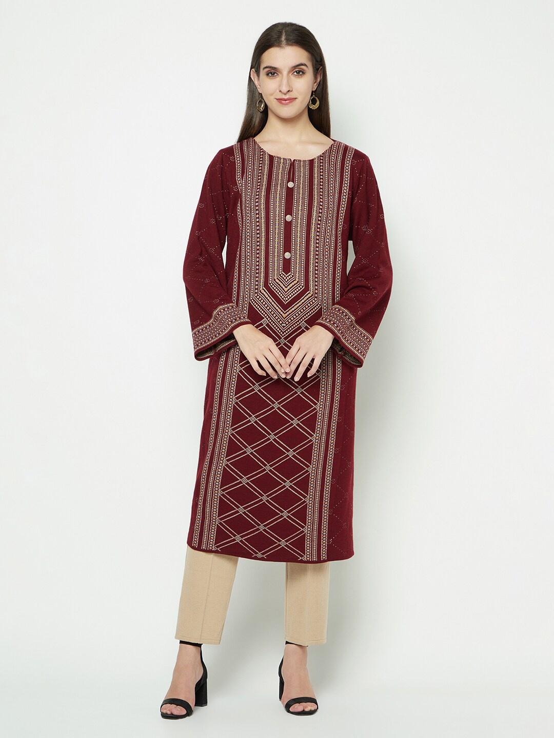 Knitstudio Geometric Printed Acrylic Straight Kurta, Maroon