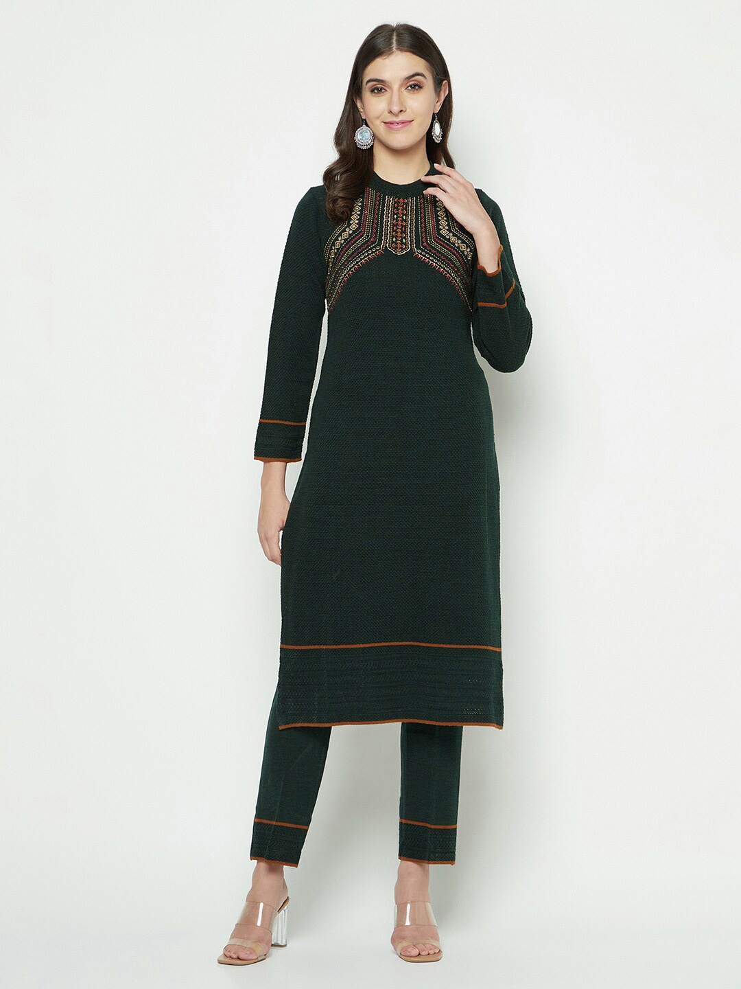 Knitstudio Ethnic Motifs Embroidered Yoke Knitted Kurta With Trousers, Green