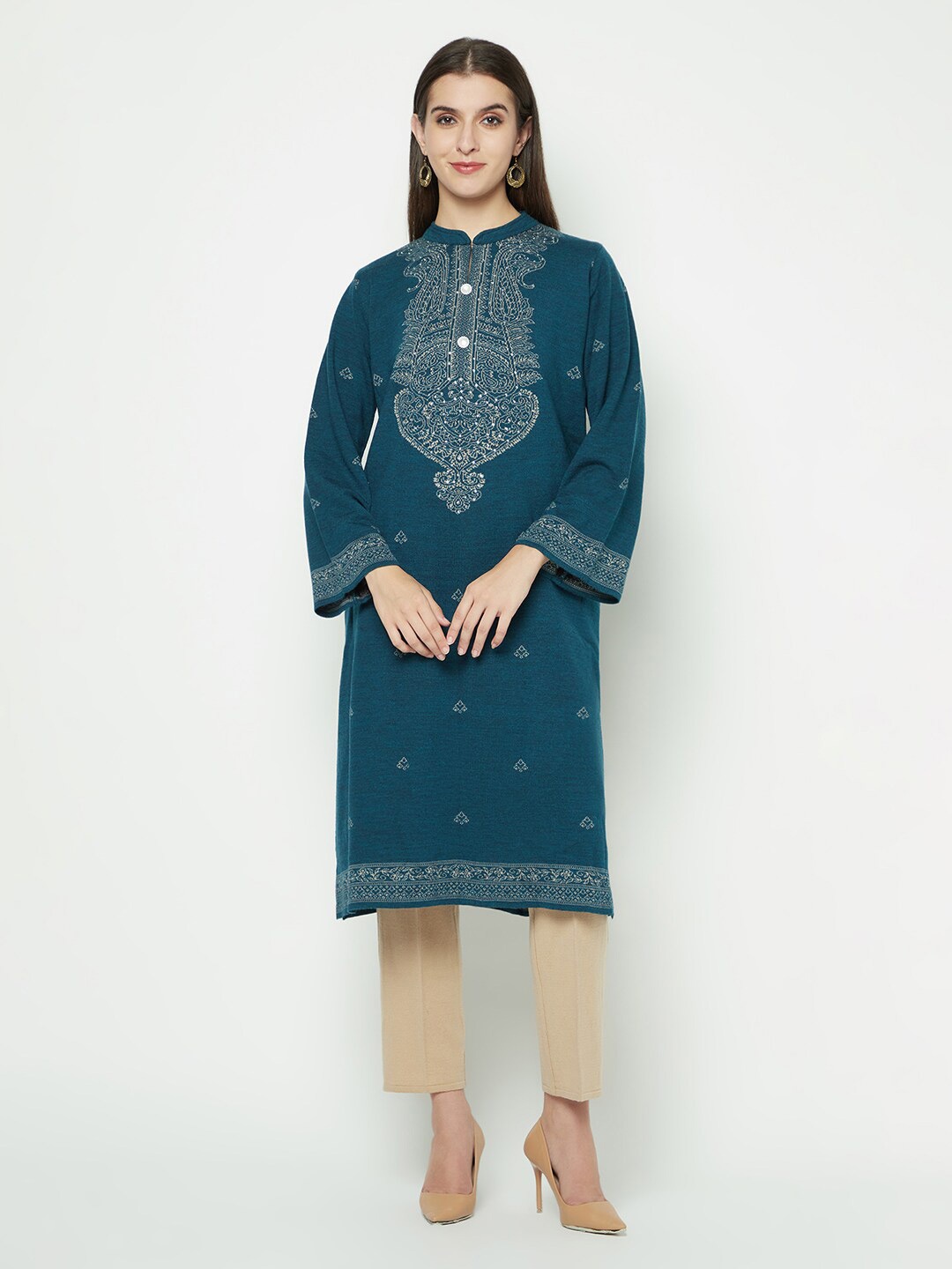 Knitstudio Ethnic Motifs Woven Design Acrylic Kurta, Teal