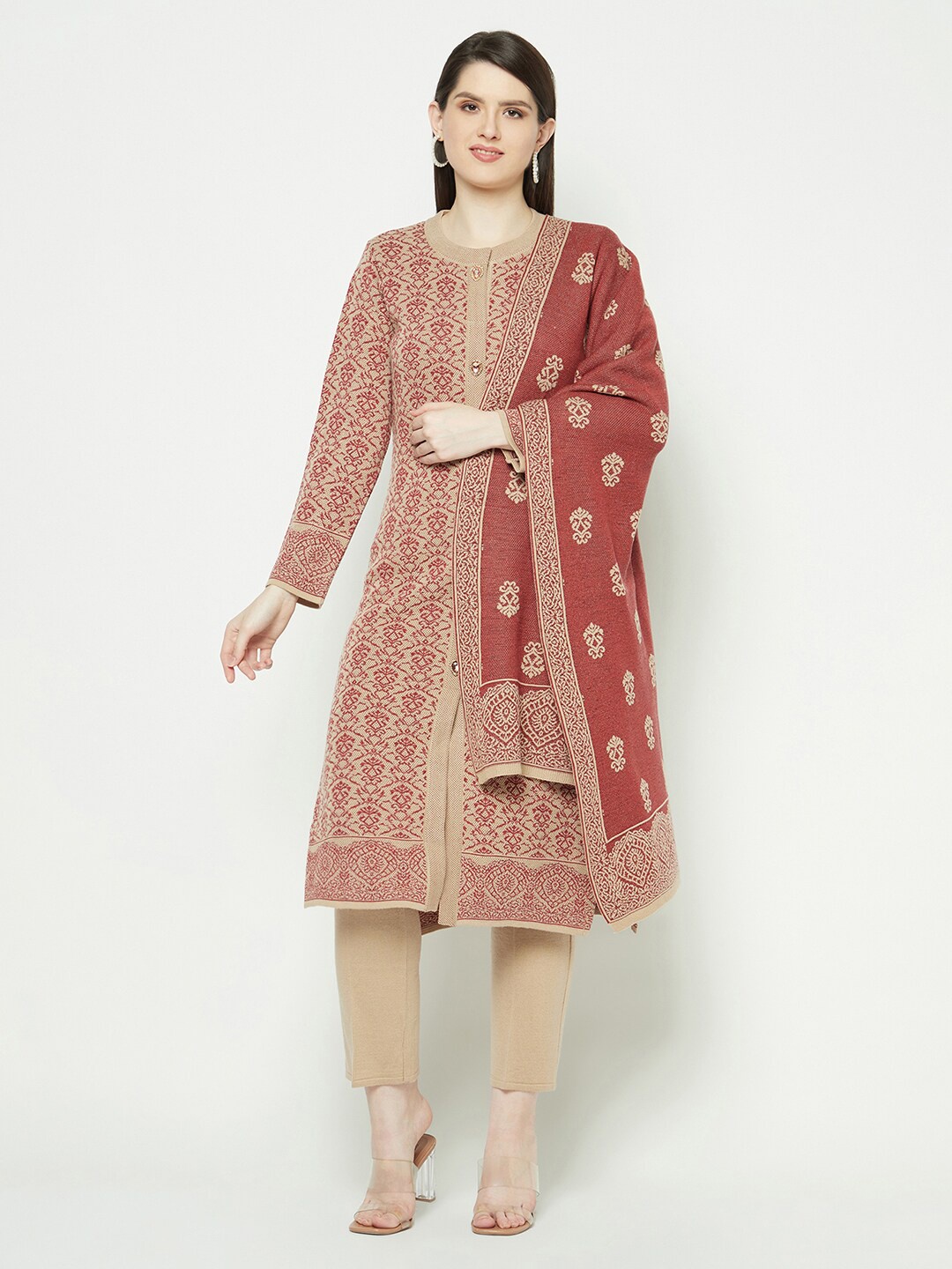 Knitstudio Ethnic Motifs Woven Design Acrylic Straight Kurta & Trousers With Dupatta, Rose
Knitstudio Ethnic Motifs Woven Design Acrylic Straight Kurta & Trousers With Dupatta, Rose