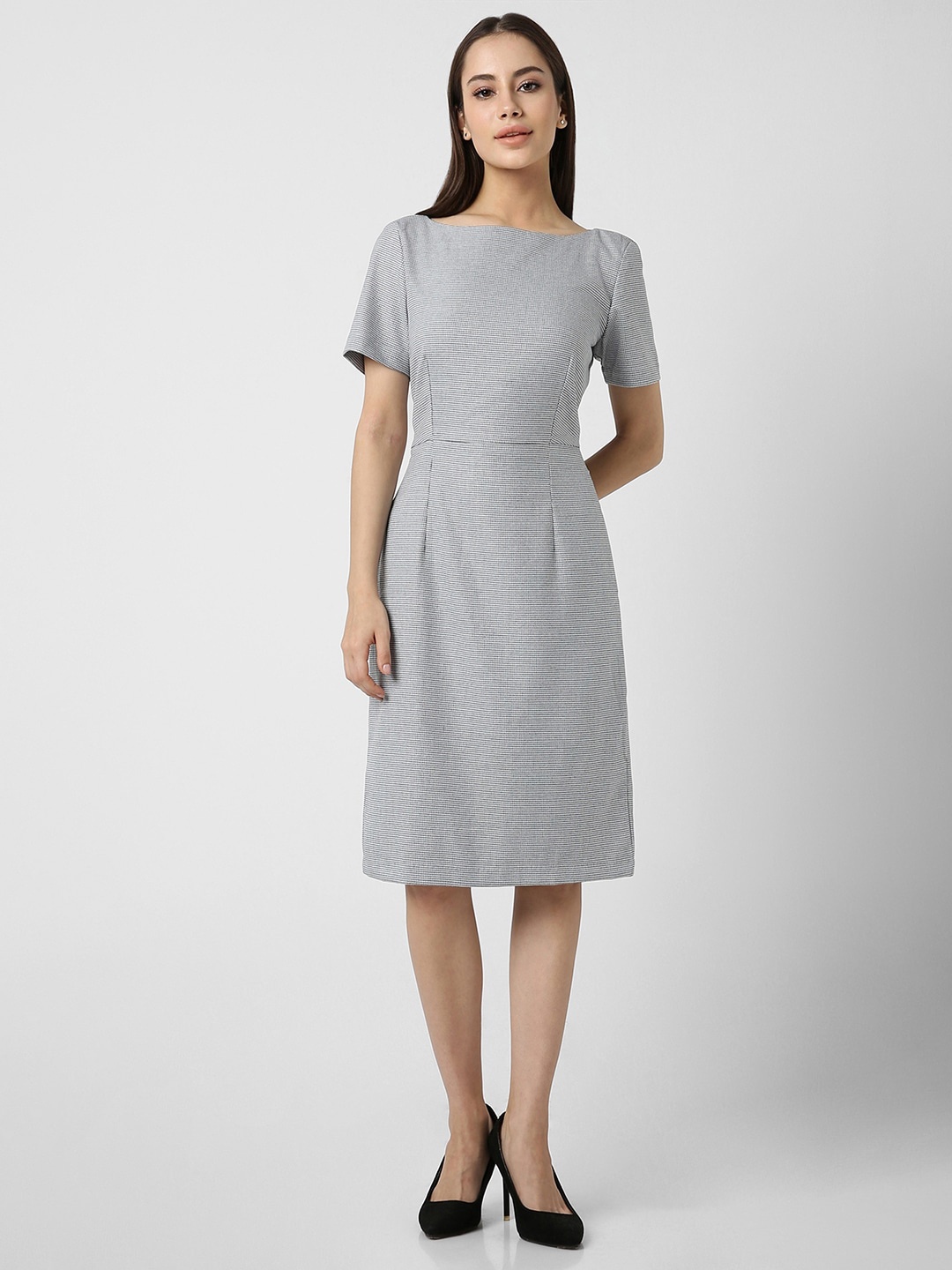 Van Heusen Woman Textured Boat Neck Sheath Dress, Grey