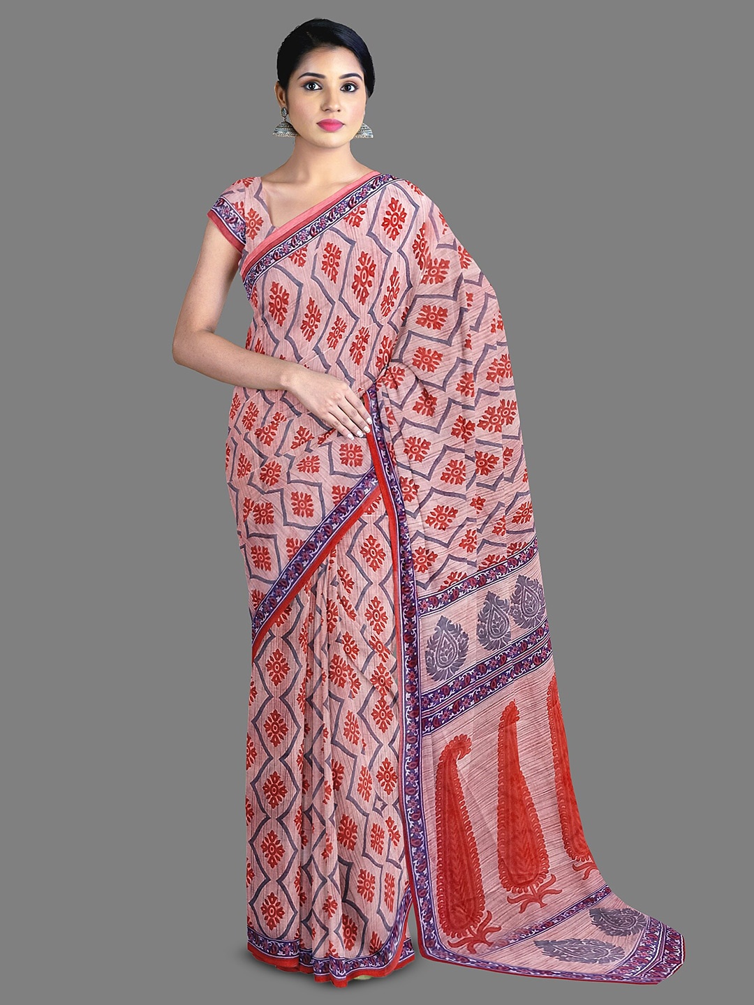 The Chennai Silks Geometric Printed Pure Cotton Saree, Rose
