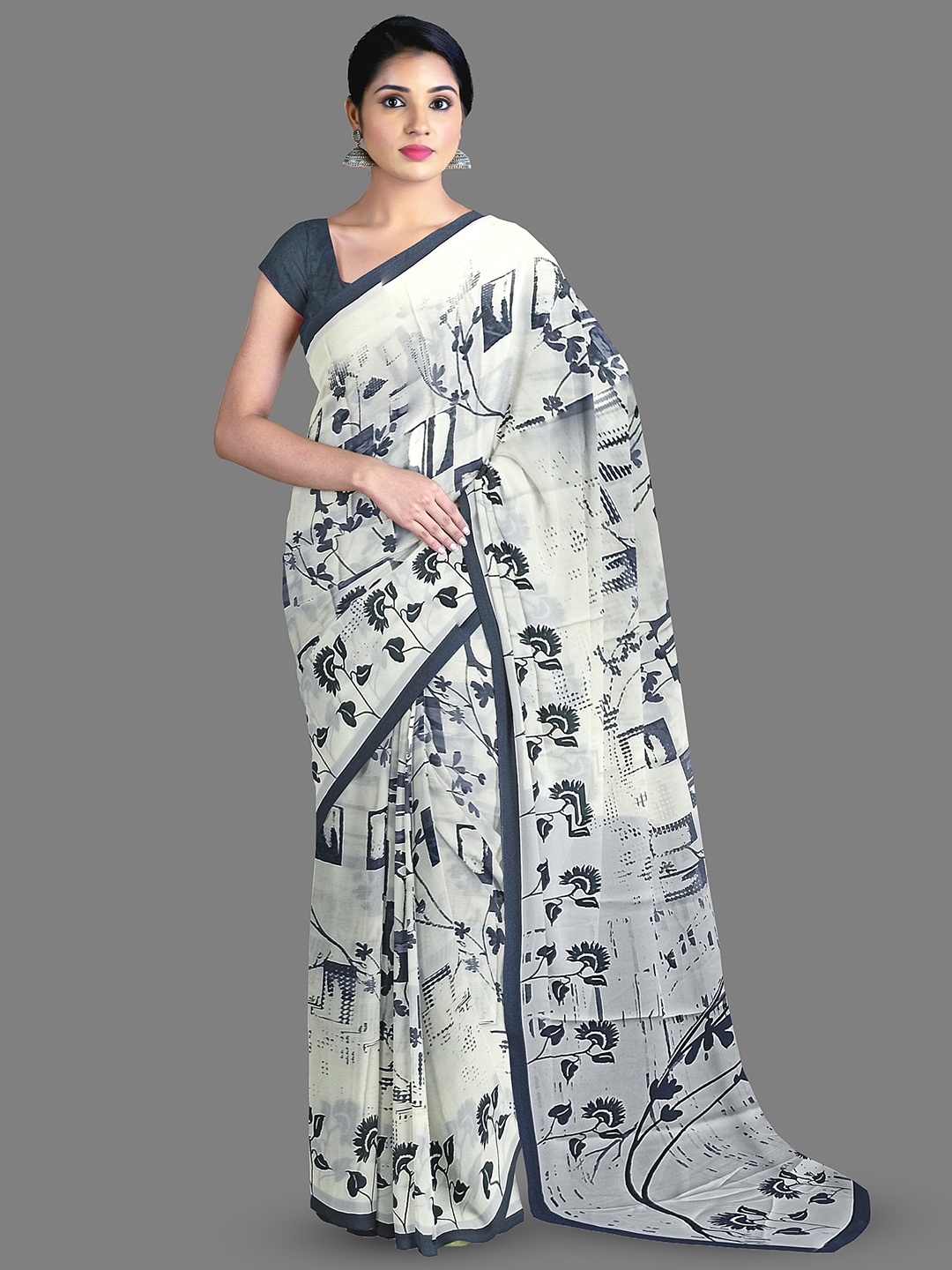 The Chennai Silks Floral Printed Saree, Off white