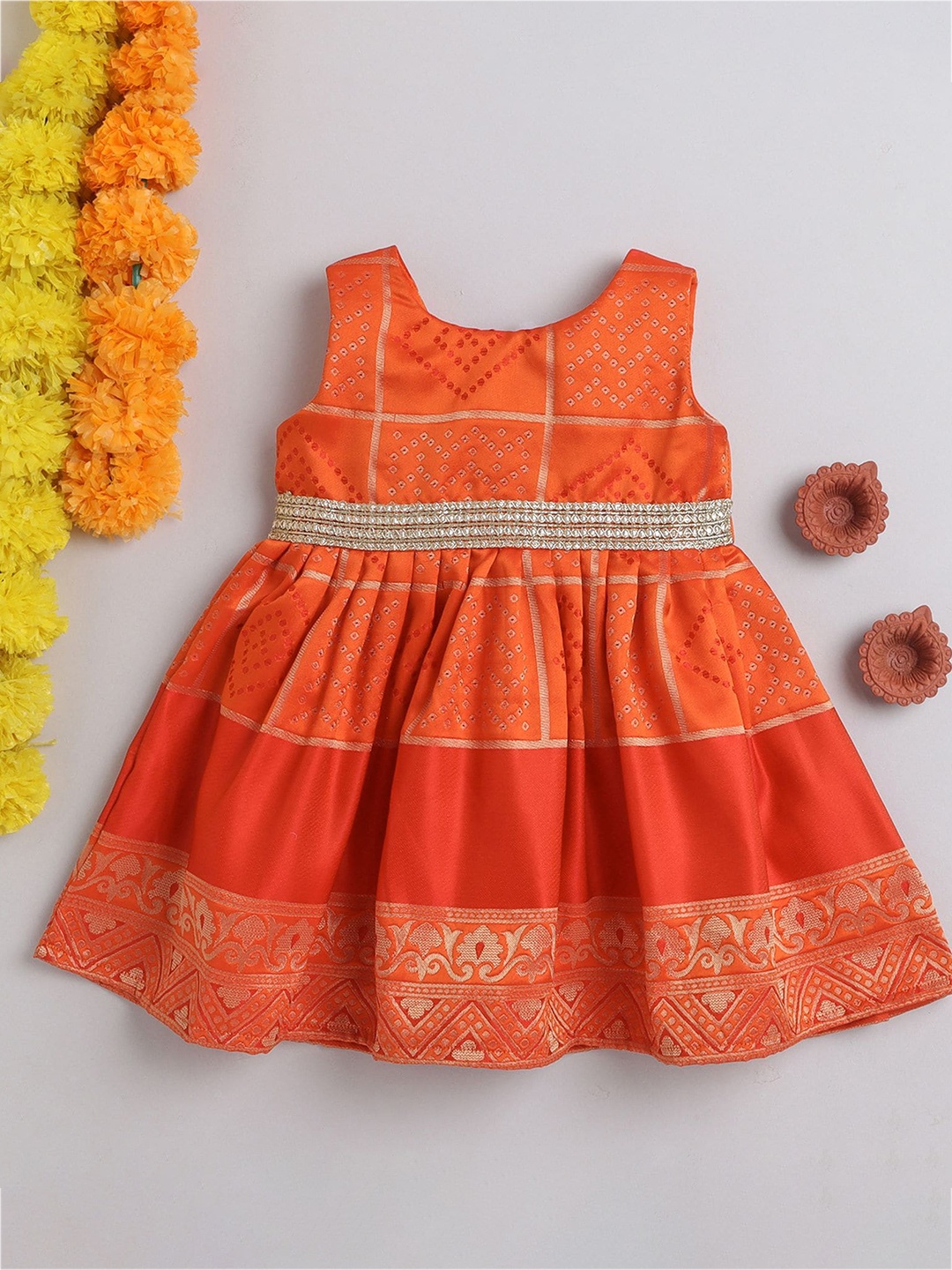 MANY FROCKS & Girls Ethnic Motifs Printed Silk Fit & Flare Ethnic Dress, Orange