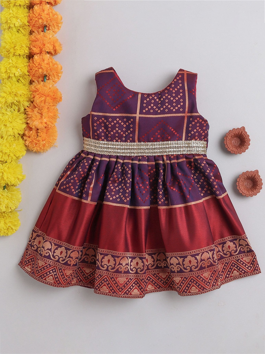 MANY FROCKS & Girls Ethnic Motifs Printed Sleeveless Fit & Flare Dress, Maroon