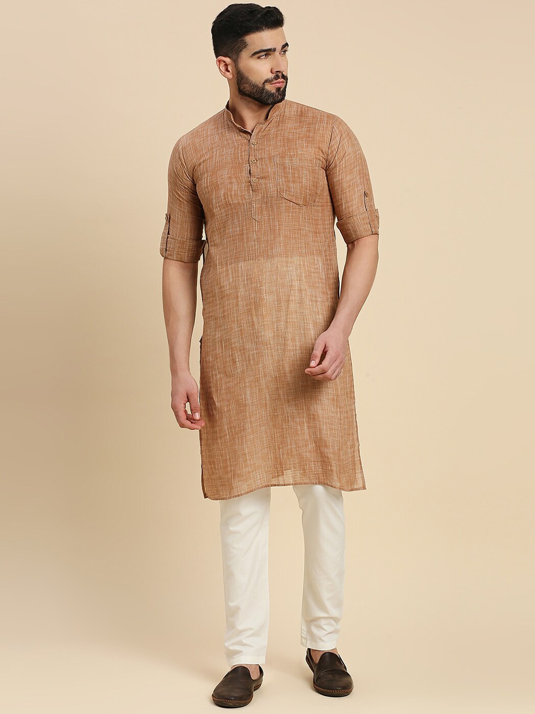 RAJUBHAI HARGOVINDAS Woven Design Roll Up Sleeves Cotton Straight Kurta, Camel brown
RAJUBHAI HARGOVINDAS Woven Design Roll Up Sleeves Cotton Straight Kurta, Camel brown