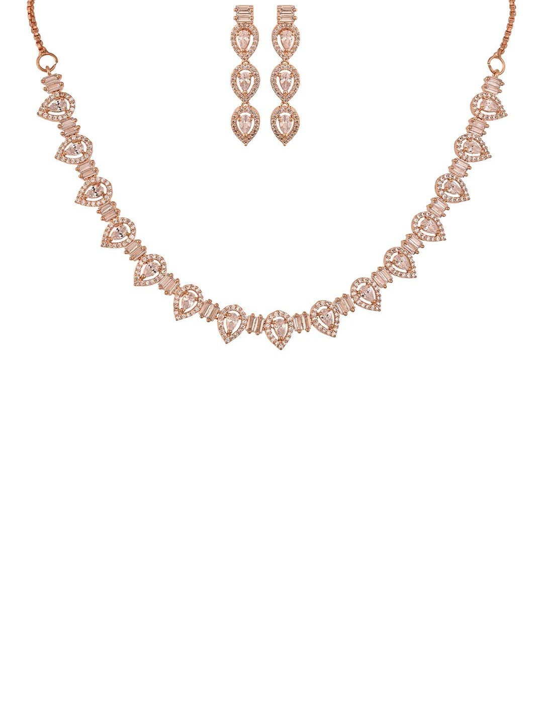RATNAVALI JEWELS Rose Gold-Plated American Diamond Stone-Studded Necklace and Earrings
RATNAVALI JEWELS Rose Gold-Plated American Diamond Stone-Studded Necklace and Earrings