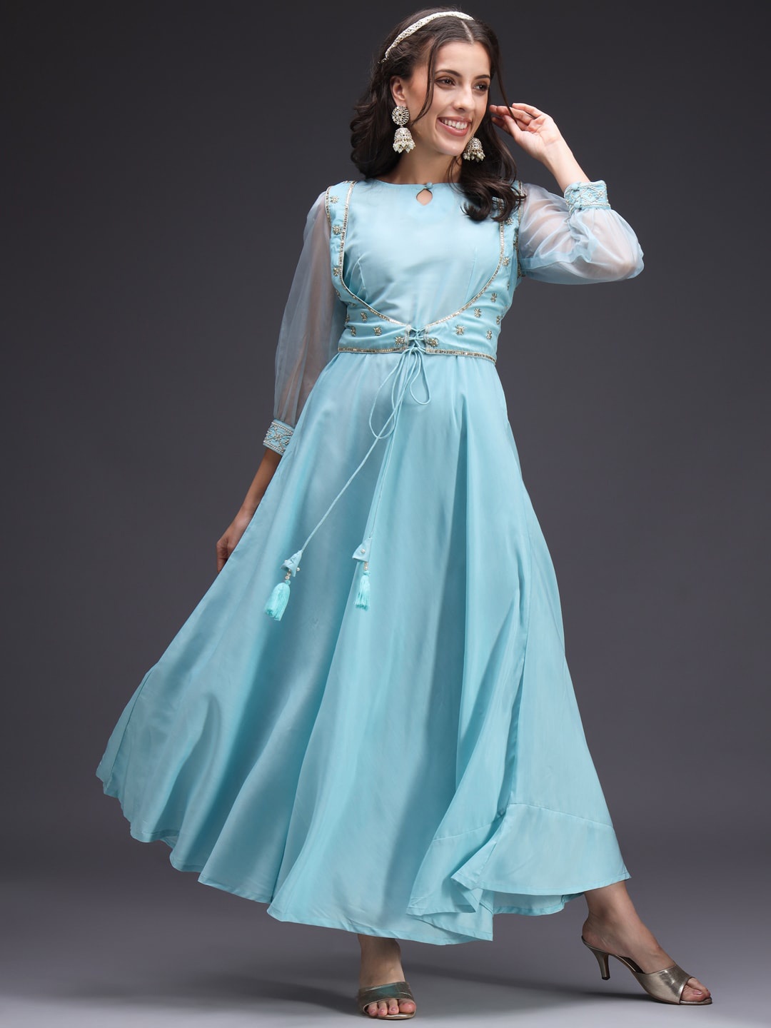 HEEPOSH Puff Sleeves Anarkali Kurta & Trousers With Dupatta With Jacket, Blue
