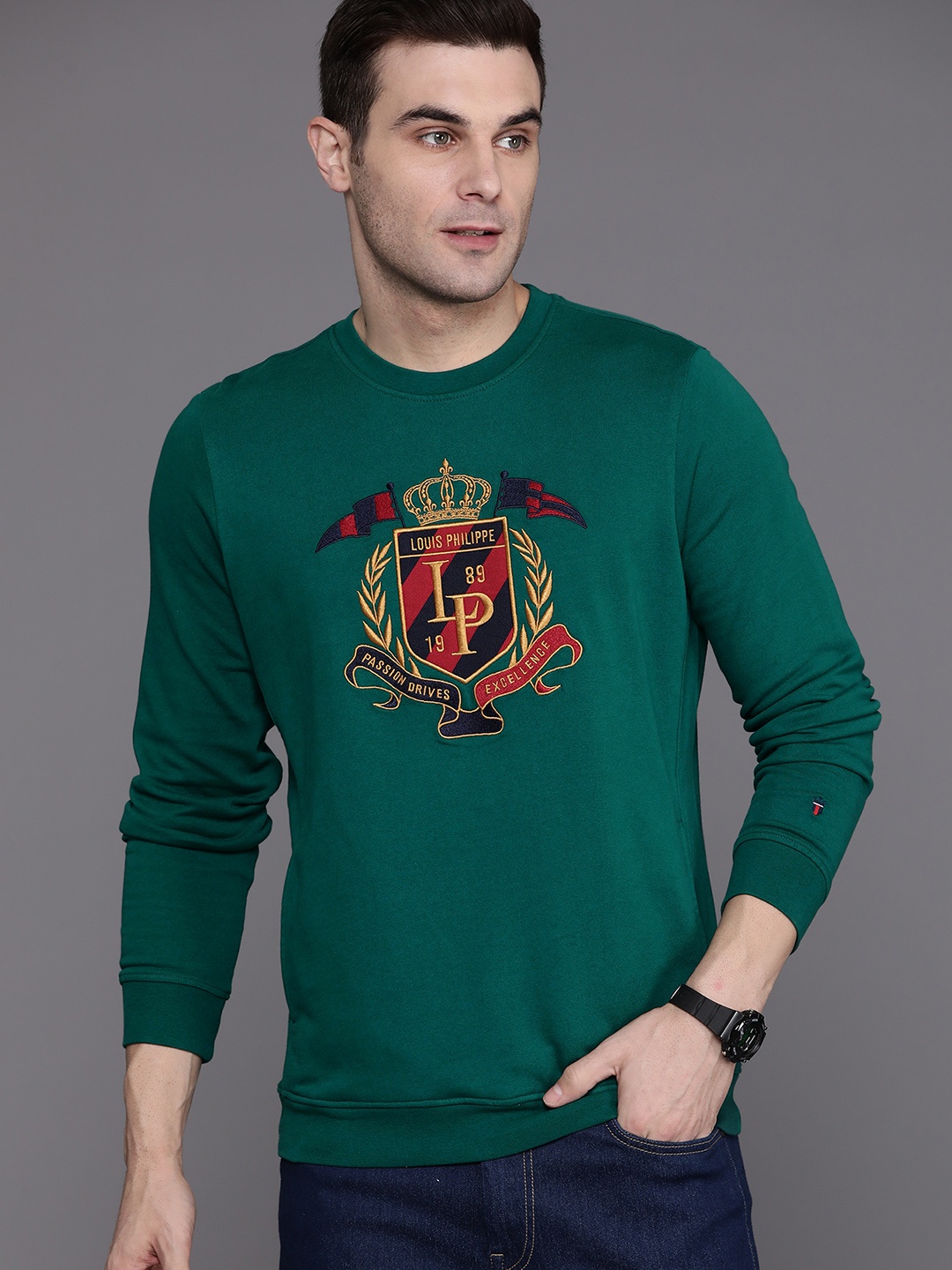Louis Philippe Sport Brand Logo Embroidered Pure Cotton Sweatshirt, Green
Louis Philippe Sport Brand Logo Embroidered Pure Cotton Sweatshirt, Green