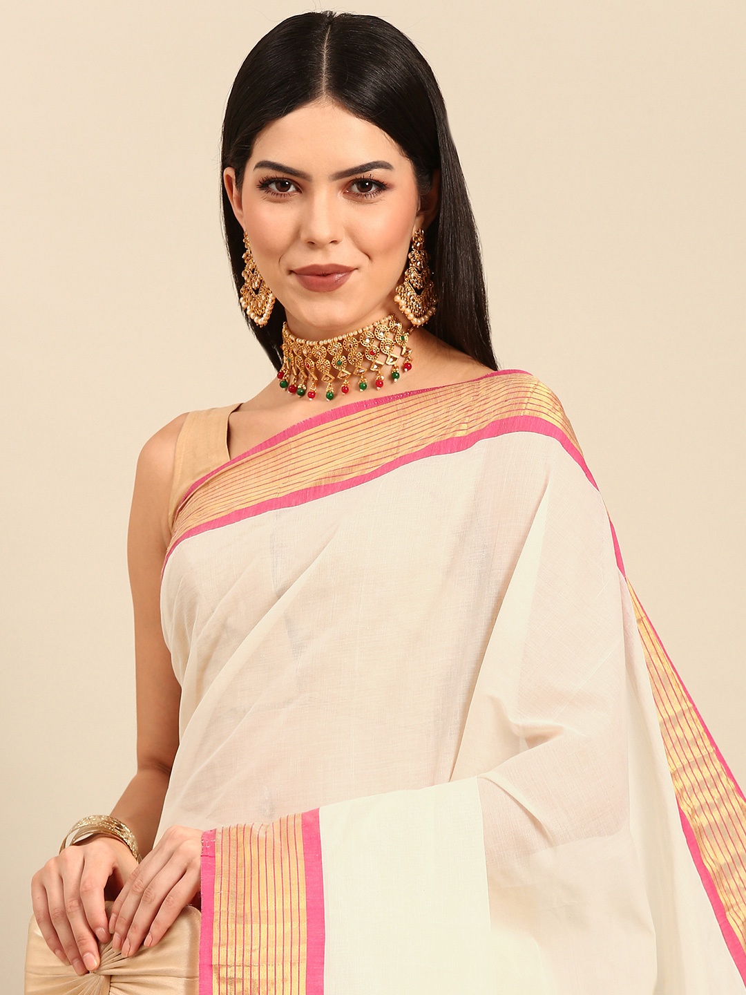 Thara Sarees Pure Cotton Kasavu Saree, Off white