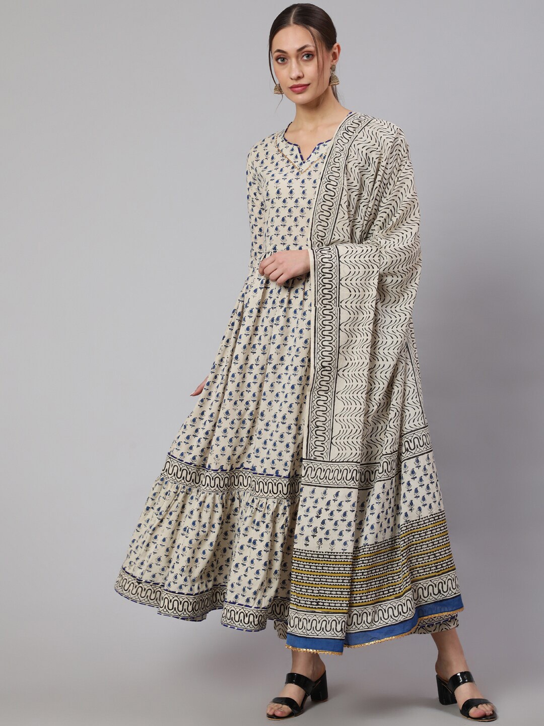 GLAM ROOTS Women Blue Paisley Printed Empire Pure Cotton Kurta with Pyjamas & With Dupatta