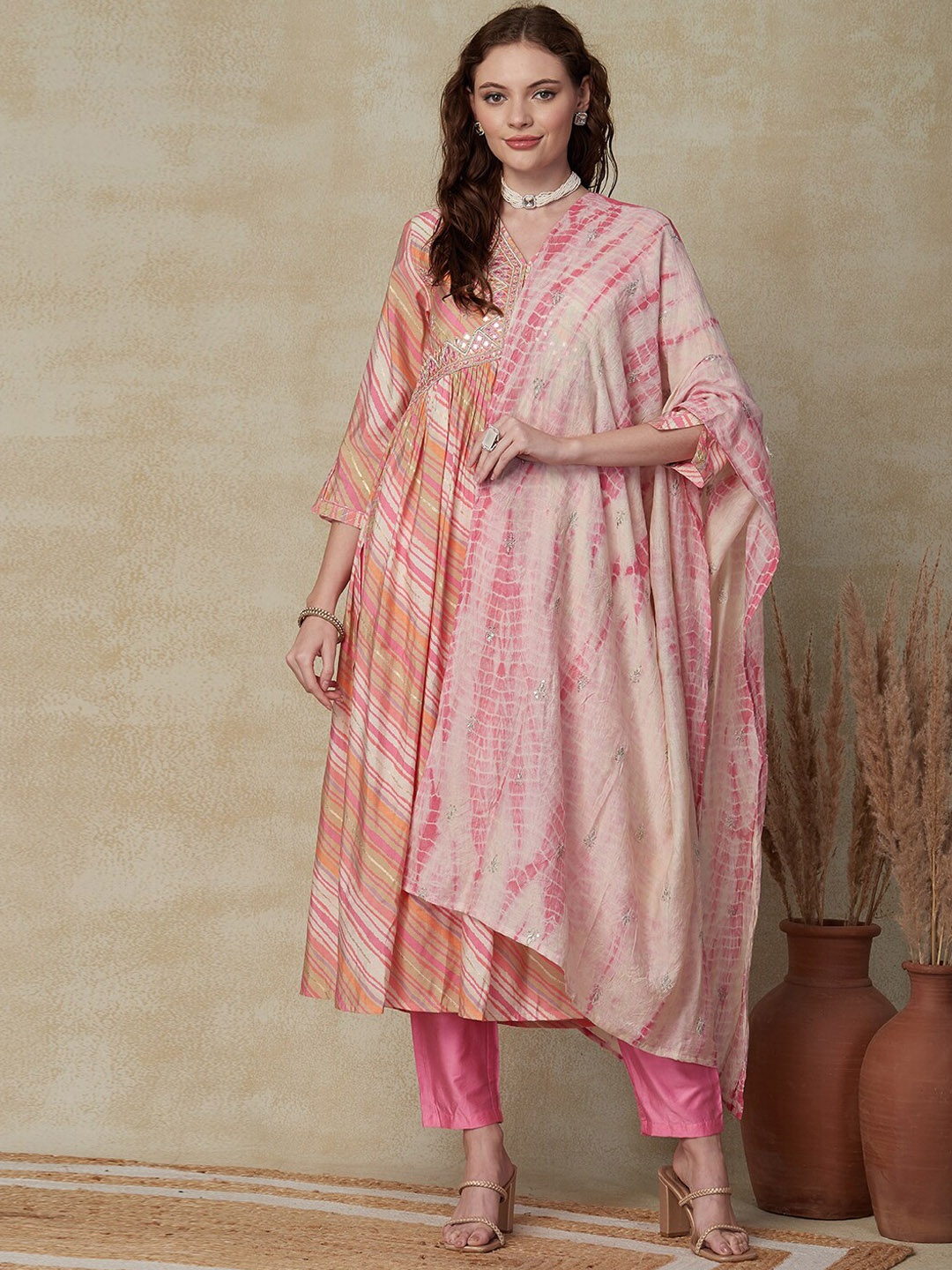 FASHOR Leheriya Printed V-Neck Empire Mirror Work A-Line Kurta & Trousers With Dupatta, Pink
FASHOR Leheriya Printed V-Neck Empire Mirror Work A-Line Kurta & Trousers With Dupatta, Pink