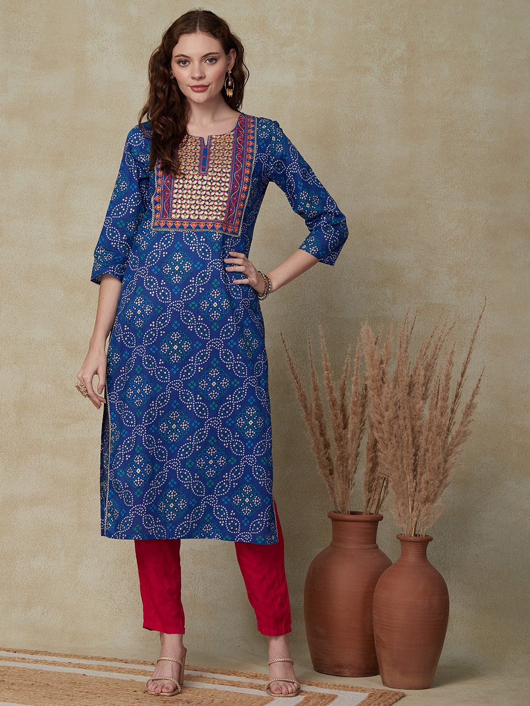 FASHOR Bandhani Printed Embroidered Pure Cotton Straight Kurta, Blue