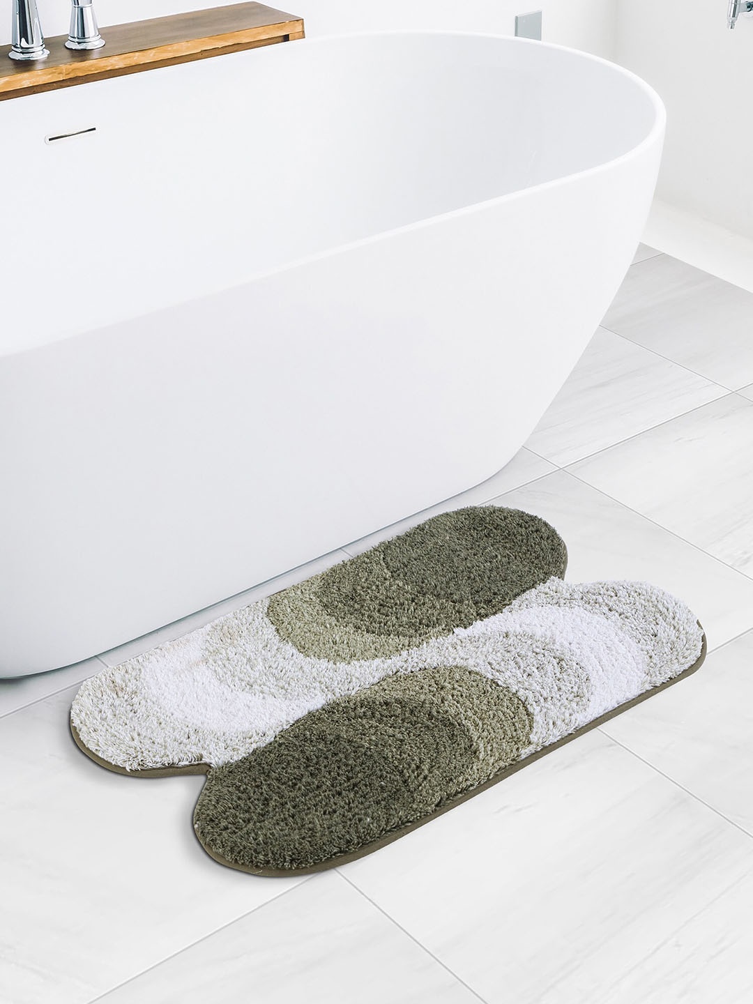 OBSESSIONS Olive Green & White Geometric Pattern 2200 GSM Cotton Anti-Skid Bath Rug