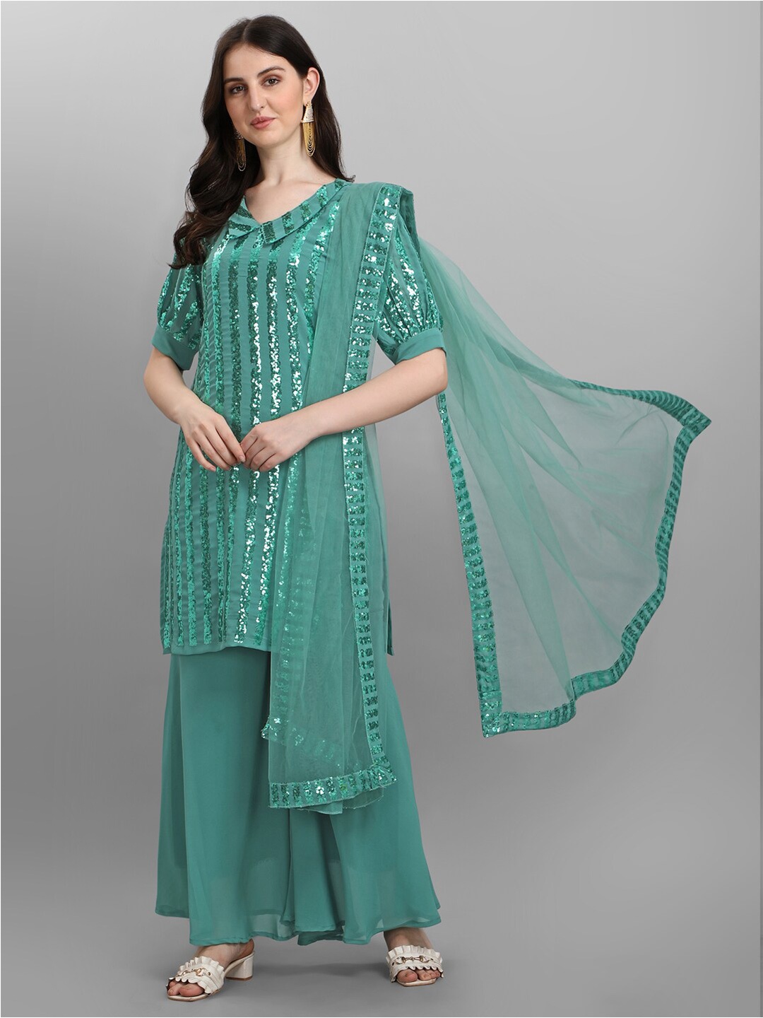 KALINI Embellished Silk Georgette Semi-Stitched Kurta With Stitched Palazzo & Dupatta, Turquoise blue
KALINI Embellished Silk Georgette Semi-Stitched Kurta With Stitched Palazzo & Dupatta, Turquoise blue