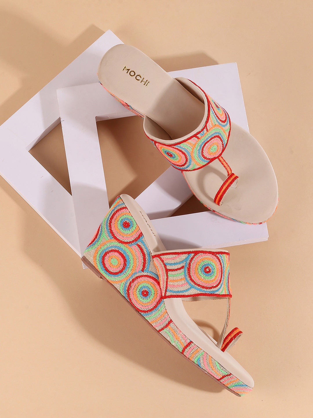 Mochi Ethnic Embellished Open Toe Wedges, Beige