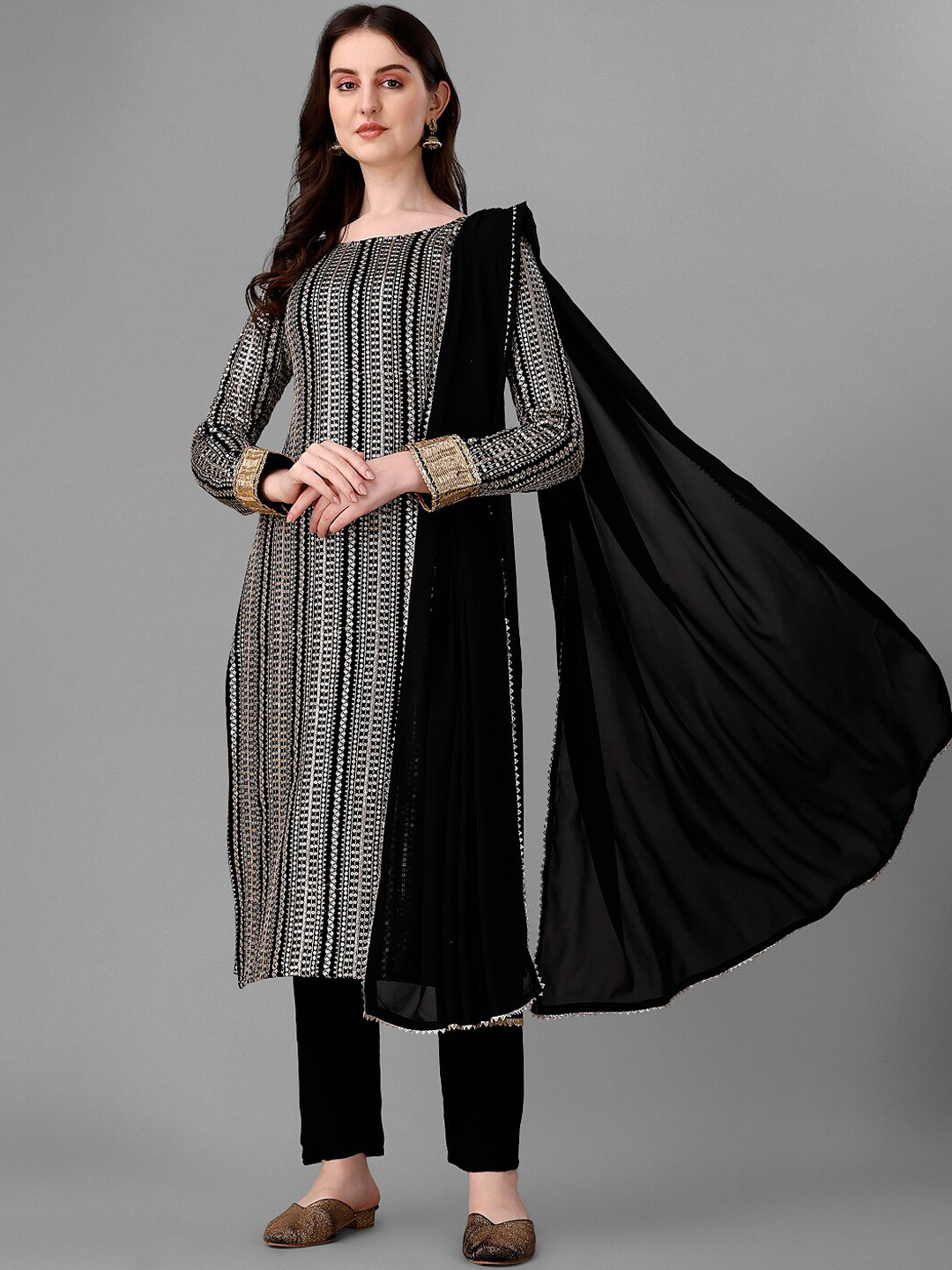 KALINI Ethnic Motifs Embroidered Boat Neck Sequinned Straight Kurta & Trouser With Dupatta, Black