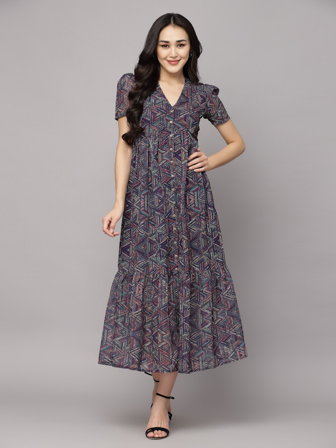 aayu Geometric Printed V-Neck Puff Sleeve Tiered Georgette A-Line Midi Dress, Purple
aayu Geometric Printed V-Neck Puff Sleeve Tiered Georgette A-Line Midi Dress, Purple
