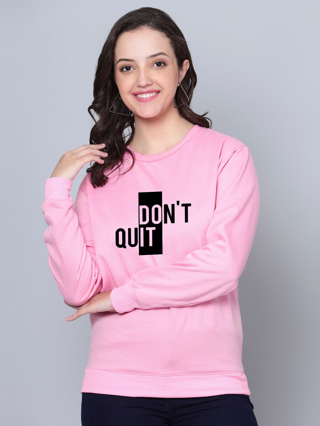 Fashion And Youth Printed Round Neck Fleece Sweatshirt, Pink