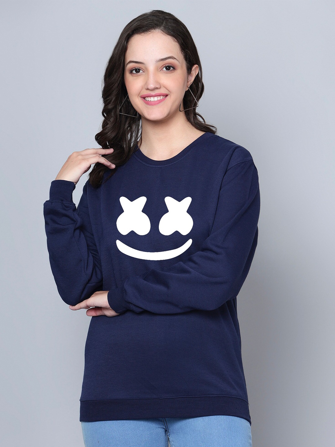 Fashion And Youth Graphic Printed Round Neck Fleece Sweatshirt, Navy blue