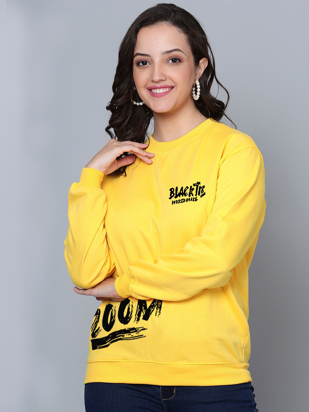 Fashion And Youth Typography Printed Fleece Pullover, Yellow