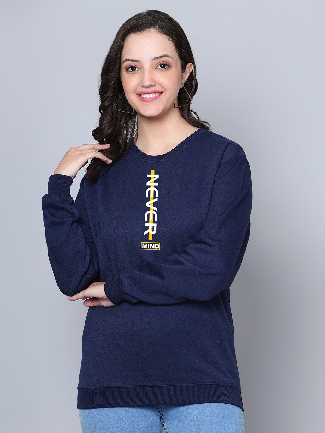 Fashion And Youth Typography Printed Fleece Pullover, Navy blue