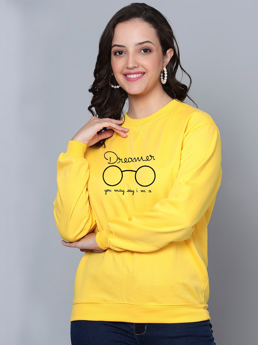 Fashion And Youth Dreamer Typography Printed Fleece Round Neck Pullover, Yellow