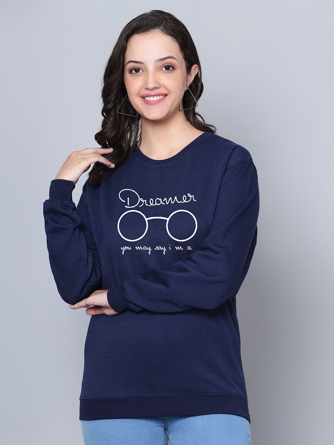 Fashion And Youth Dreamer Typography Printed Fleece Round Neck Pullover, Navy blue