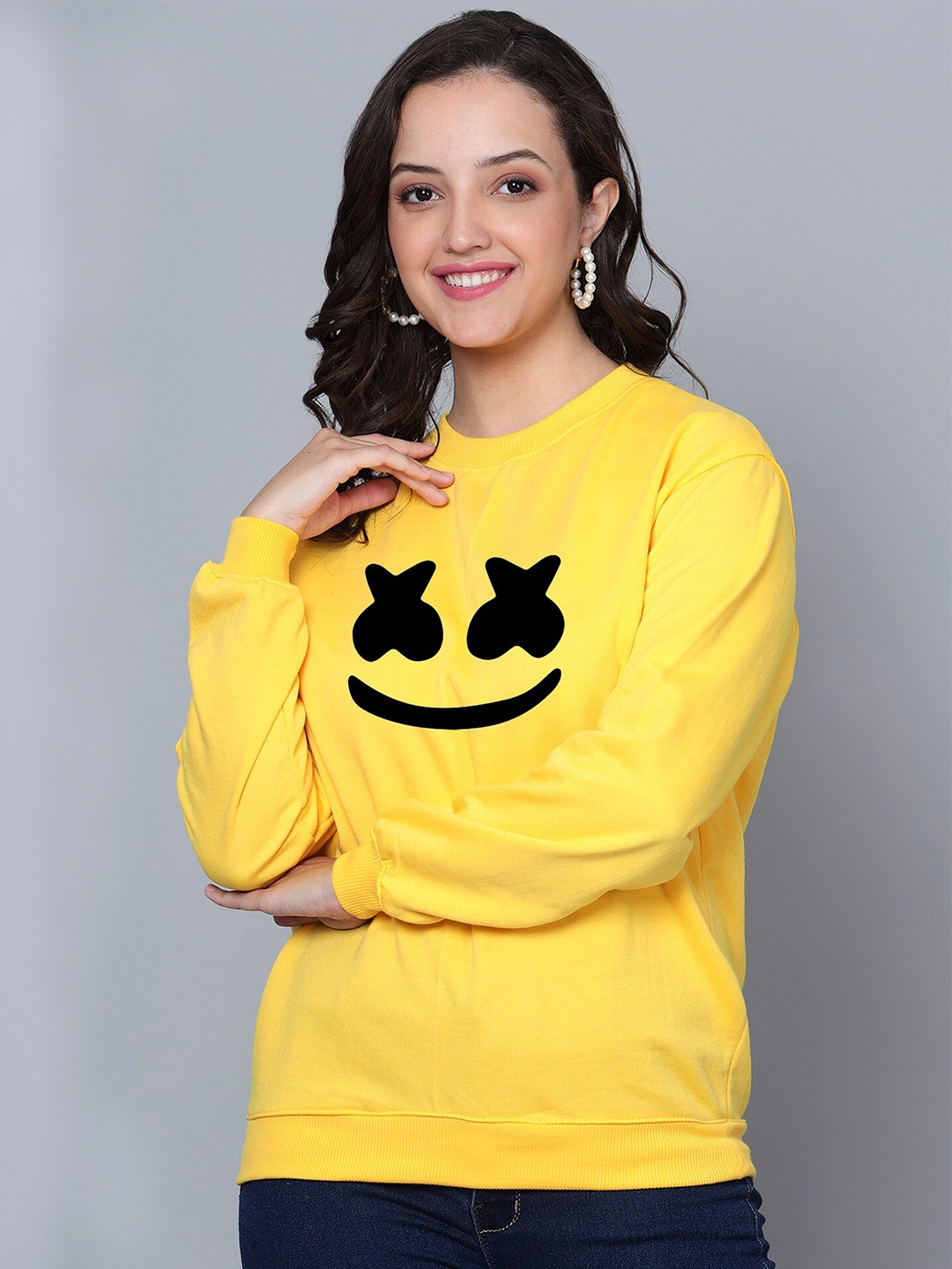 Fashion And Youth Graphic Printed Fleece Sweatshirt, Yellow