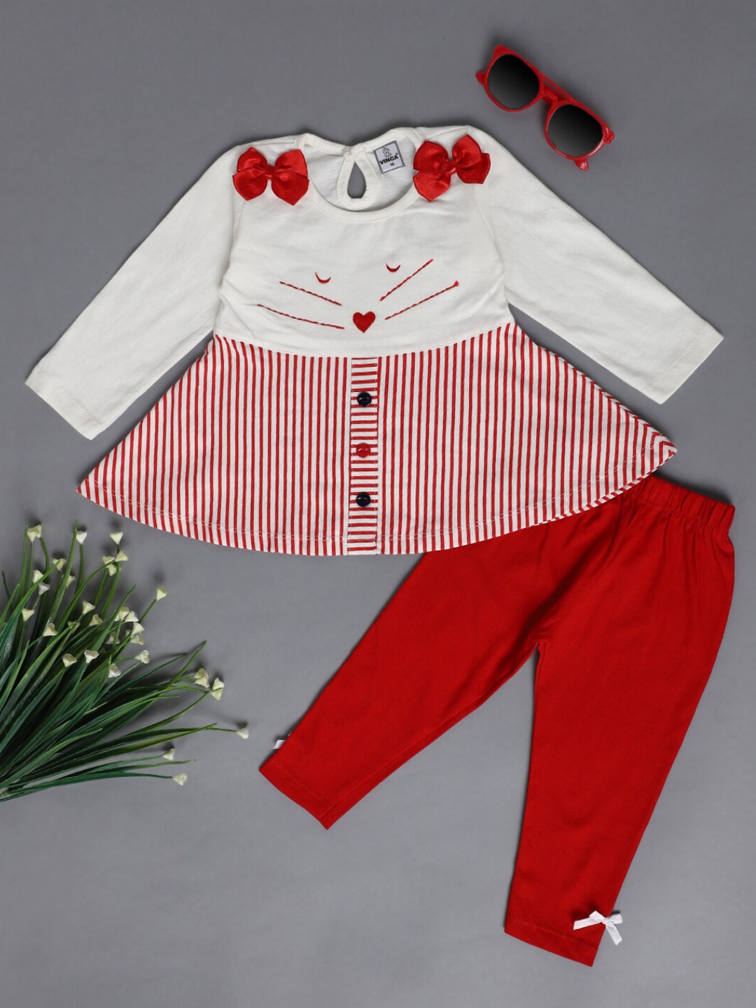 V-Mart Infants Kids Printed Pure Cotton Top With Trousers, Red