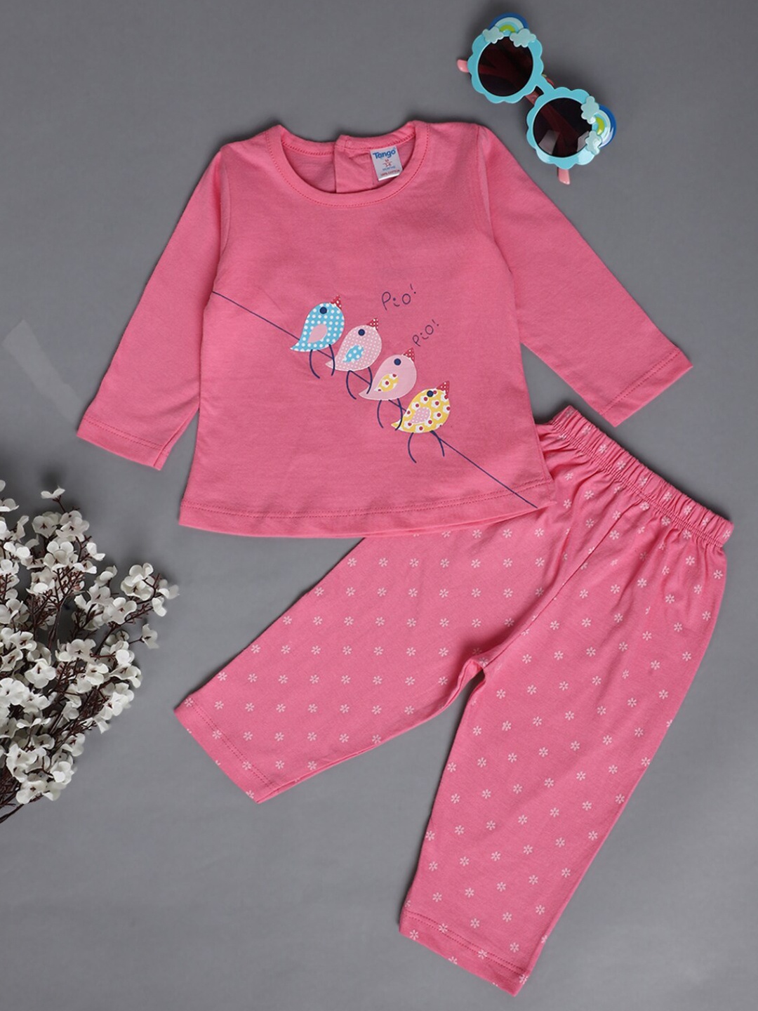 V-Mart Infants Kids Printed Pure Cotton Top With Pyjamas, Pink