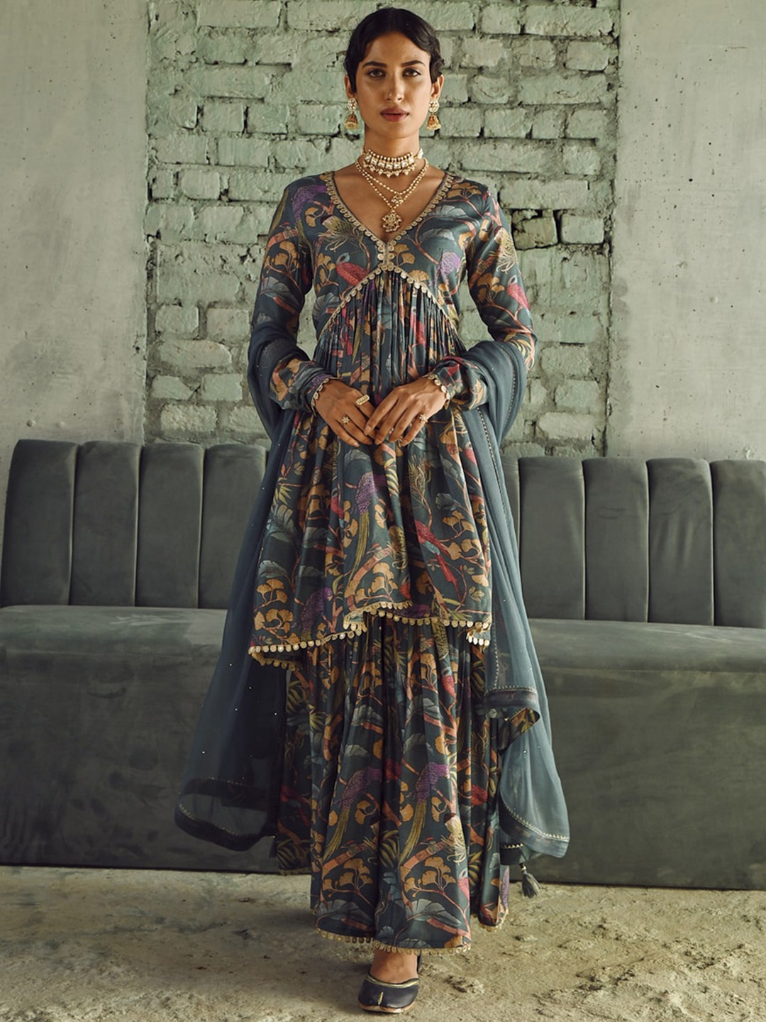 KARAJ JAIPUR Floral Printed Gotta Patti Poly Chanderi Empire Kurta With Sharara & Dupatta, Maroon
KARAJ JAIPUR Floral Printed Gotta Patti Poly Chanderi Empire Kurta With Sharara & Dupatta, Maroon