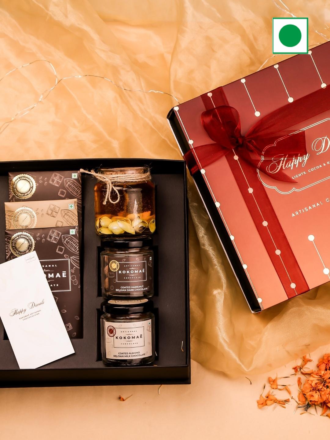 Kokomae Artisanal Chocolate Premium Diwali Gift with 3 Belgian Bars 2 Dragees amd a candle, Brown
Kokomae Artisanal Chocolate Premium Diwali Gift with 3 Belgian Bars 2 Dragees amd a candle, Brown