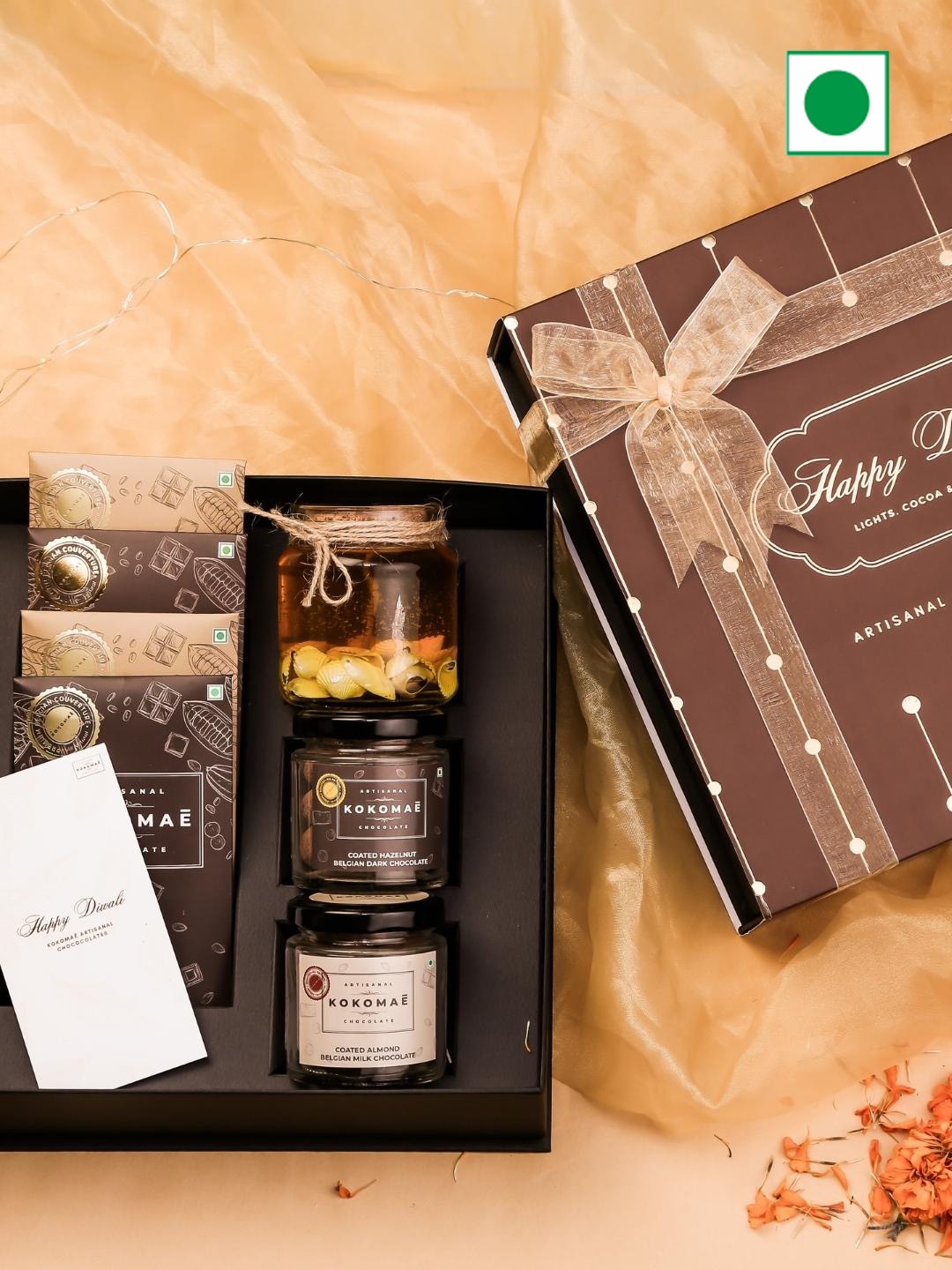 Kokomae Artisanal Chocolate Diwali Gormet Treats Gift Hamper with Candle - 400 gms, Brown
Kokomae Artisanal Chocolate Diwali Gormet Treats Gift Hamper with Candle - 400 gms, Brown