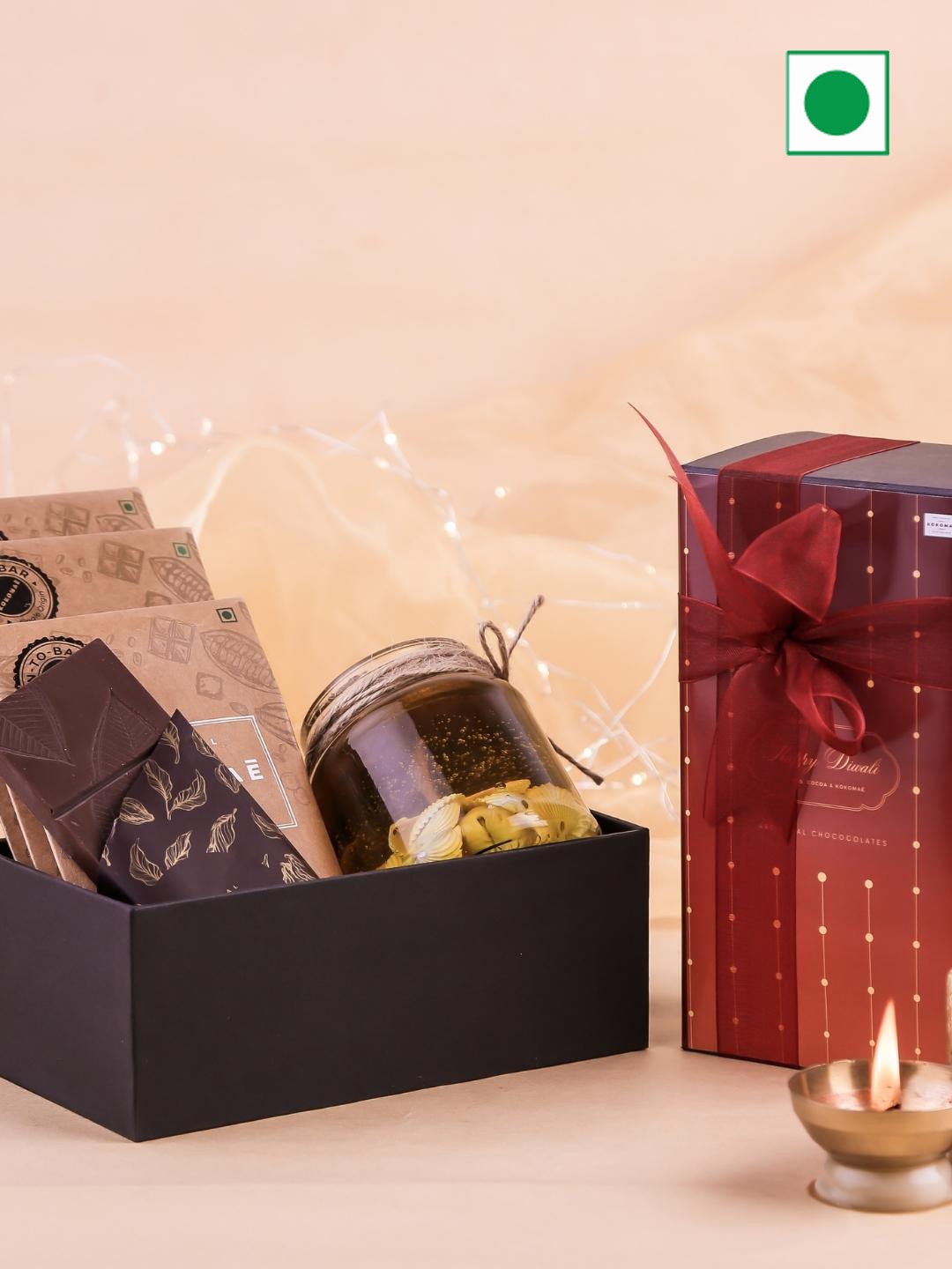 Kokomae Artisanal Chocolate Diwali Gift Box With Chocolates & Candle 100Gms Each, Brown
Kokomae Artisanal Chocolate Diwali Gift Box With Chocolates & Candle 100Gms Each, Brown