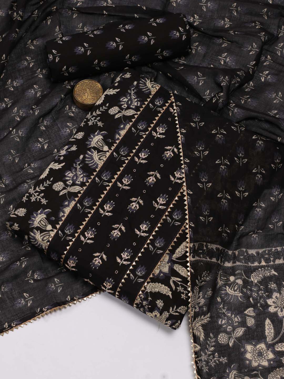 Meena Bazaar Ethnic Motif Printed Unstitched Dress Material, Black