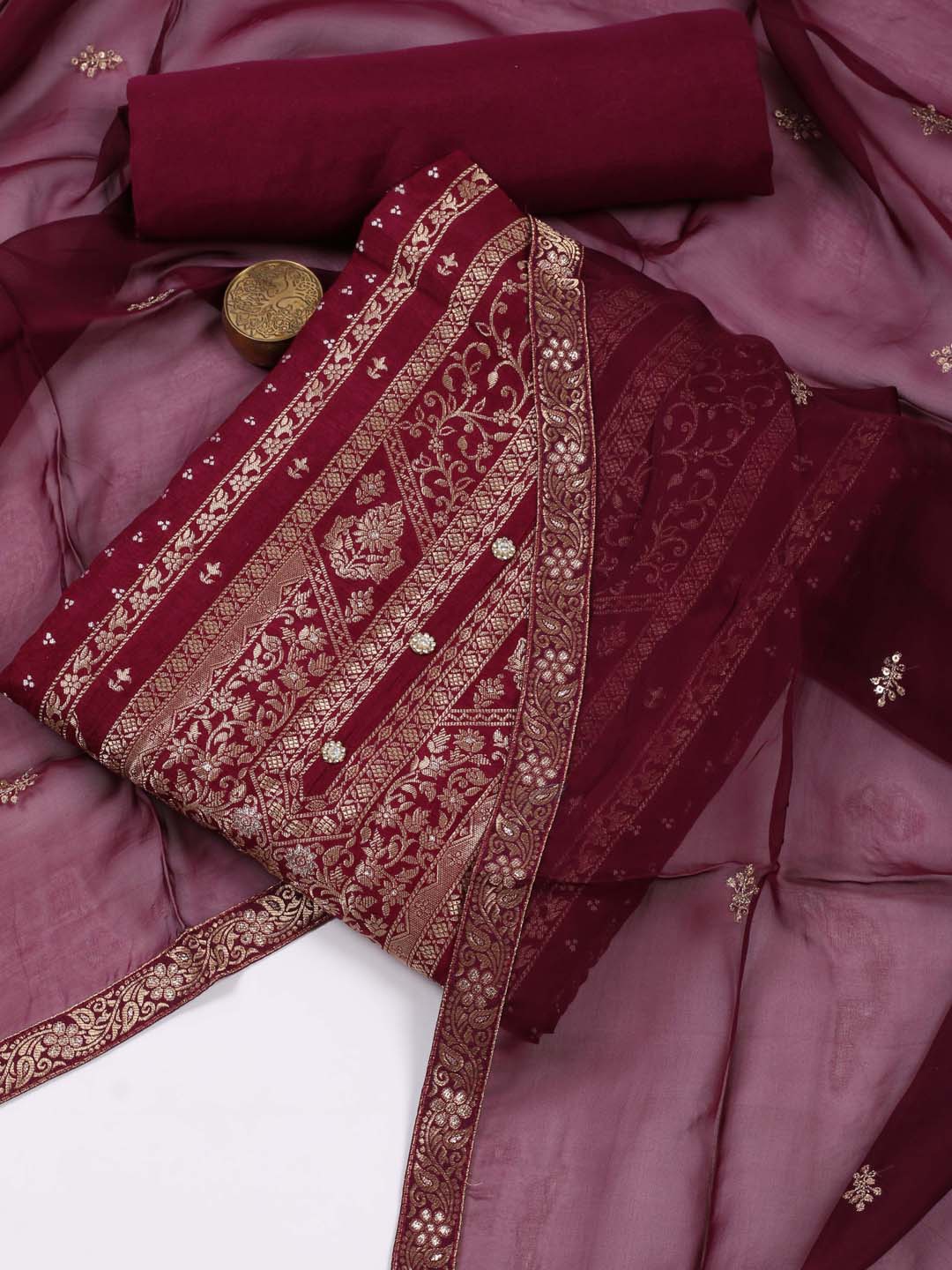 Meena Bazaar Ethnic Motif Woven Design Unstitched Dress Material, Maroon