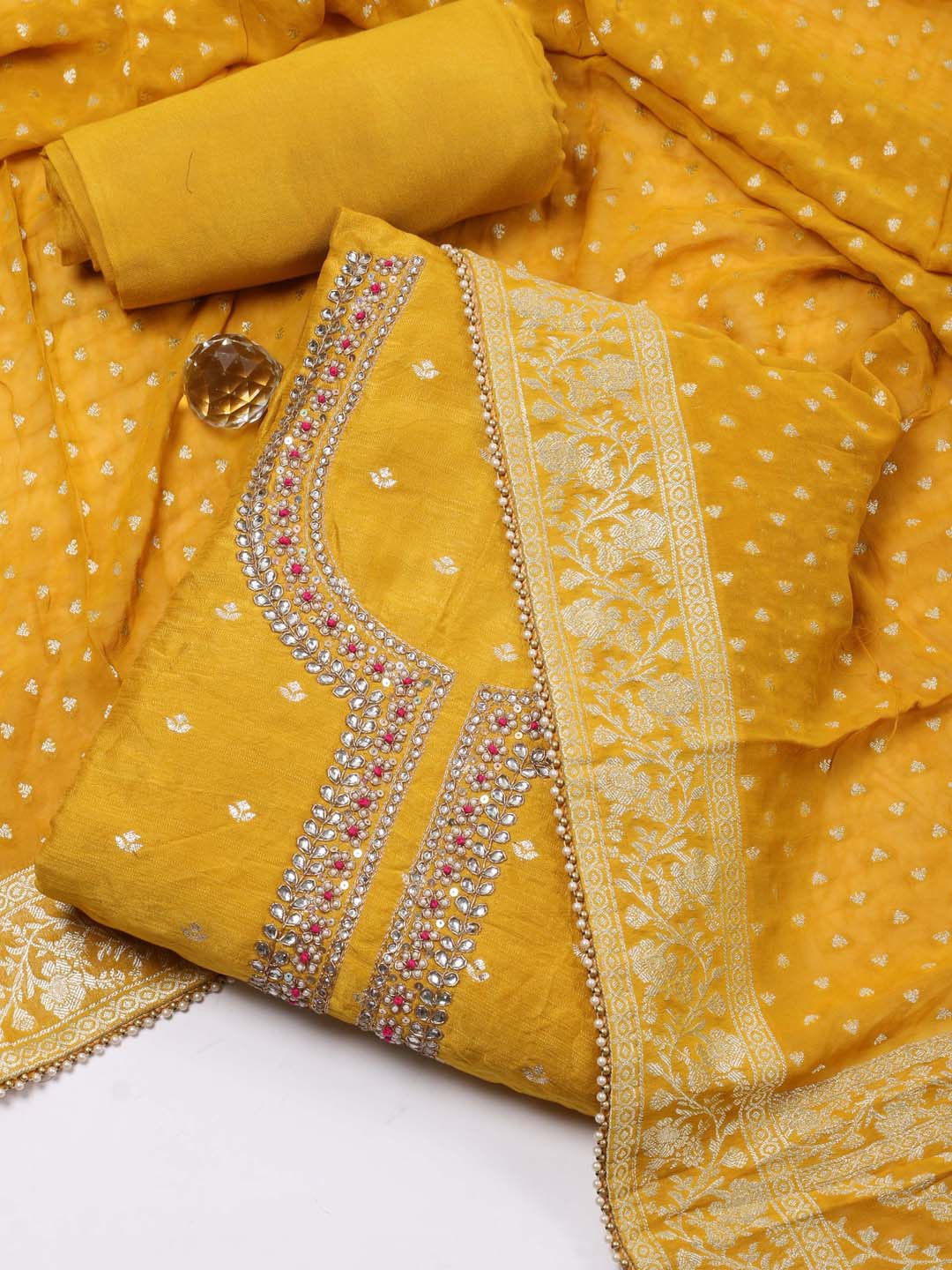 Meena Bazaar Ethnic Motif Woven Design Embellished Unstitched Dress Material, Mustard
Meena Bazaar Ethnic Motif Woven Design Embellished Unstitched Dress Material, Mustard