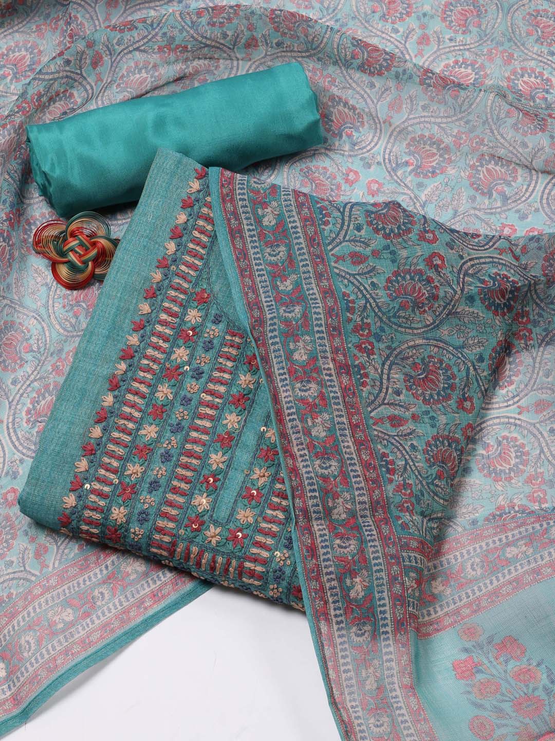 Meena Bazaar Embroidered Art Silk Unstitched Dress Material, Sea green