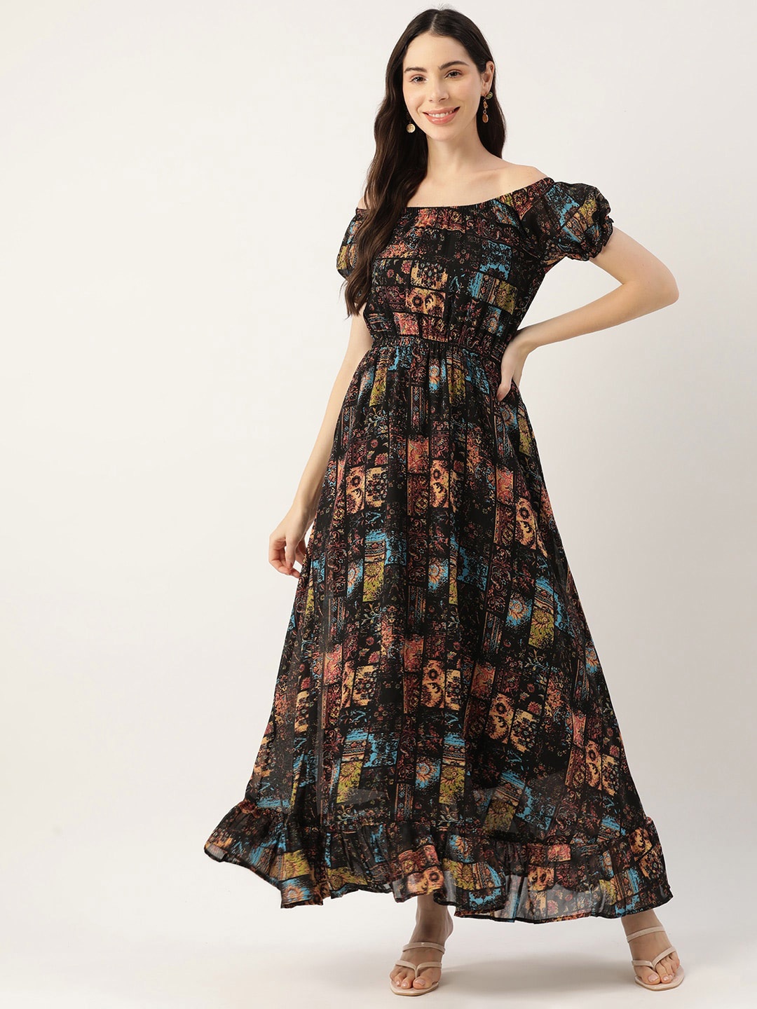 DressBerry Black Floral Printed Off-Shoulder Puff Sleeve Gathered Georgette Maxi Dress
DressBerry Black Floral Printed Off-Shoulder Puff Sleeve Gathered Georgette Maxi Dress