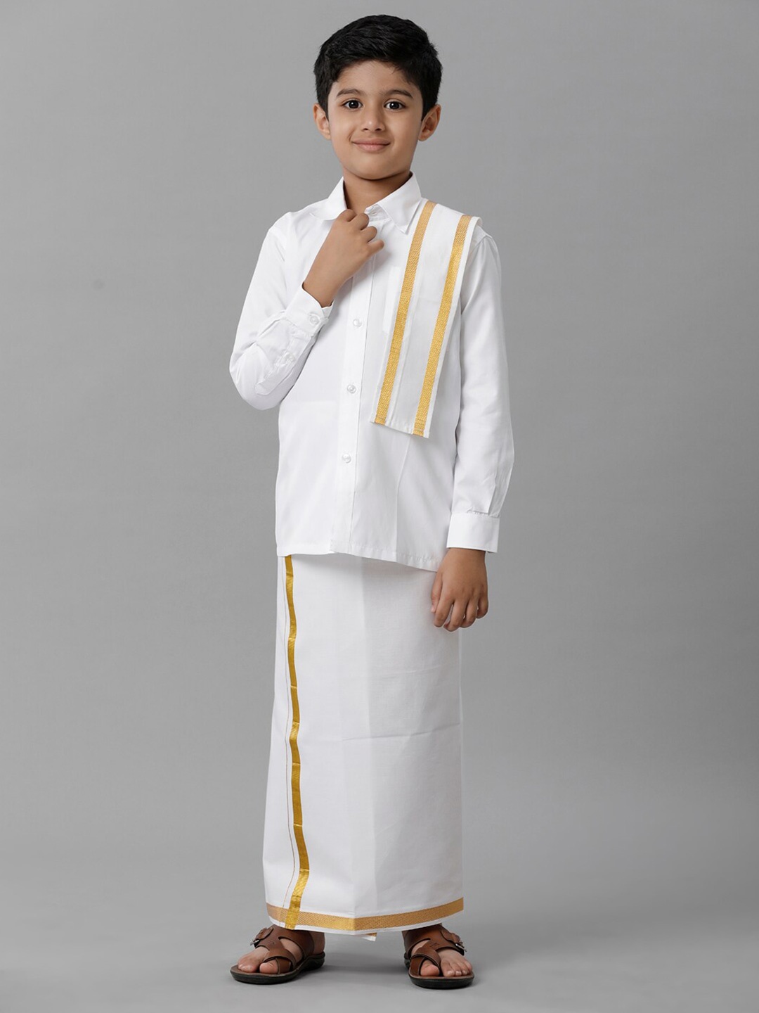 Ramraj Boys Shirt With Veshti & Angavastra Clothing Set, White