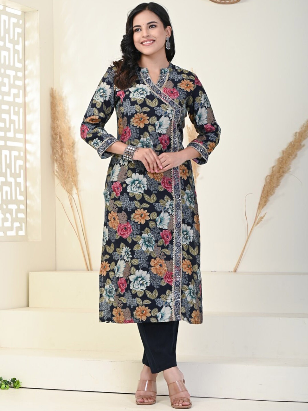Swasti Floral Printed Gotta Patti Pure Cotton Straight Kurta With Trousers, Blue