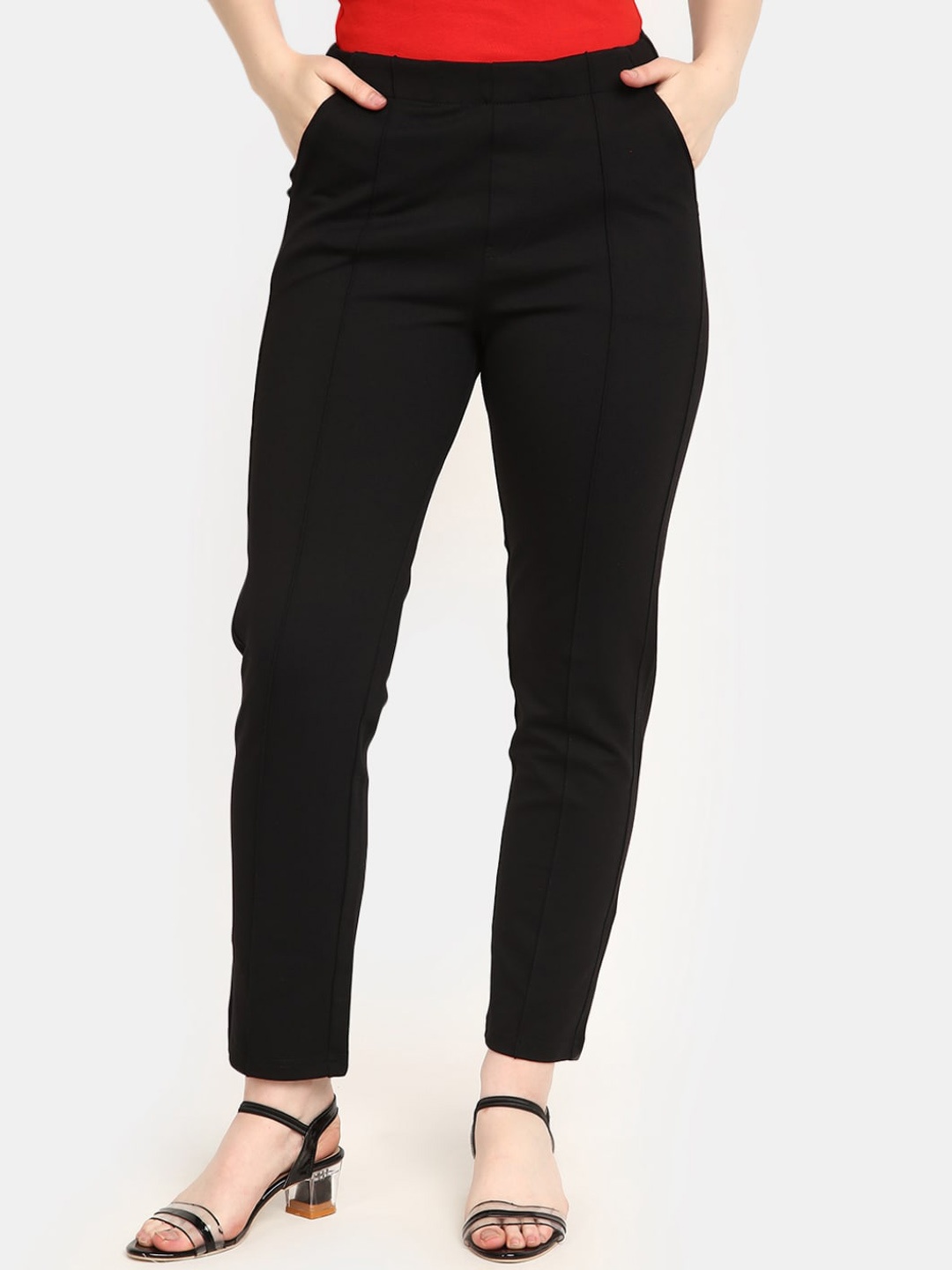 V-Mart Women High Rise Cotton Regular Trousers, Black