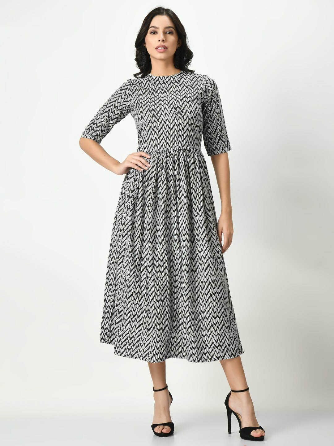 RIYA Black Print Fit & Flare Midi Dress