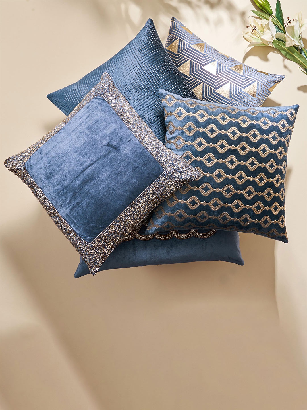 Home Centre Vellum Blue Embroidered Square Cushion Cover
