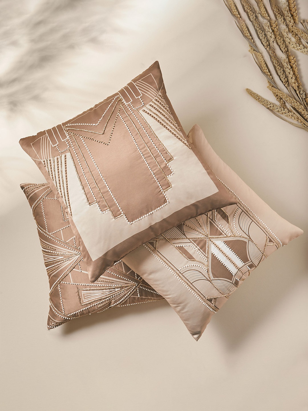 Home Centre Lucent Avis Brown Embroidered Square Cushion Cover