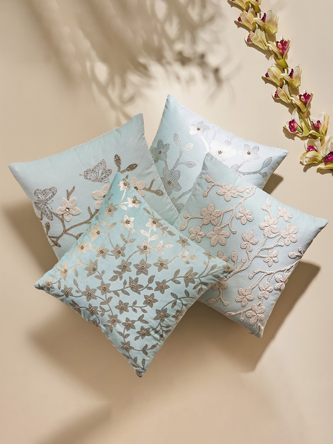 Home Centre Extravagance Green & White Embellished Square Cushion Covers