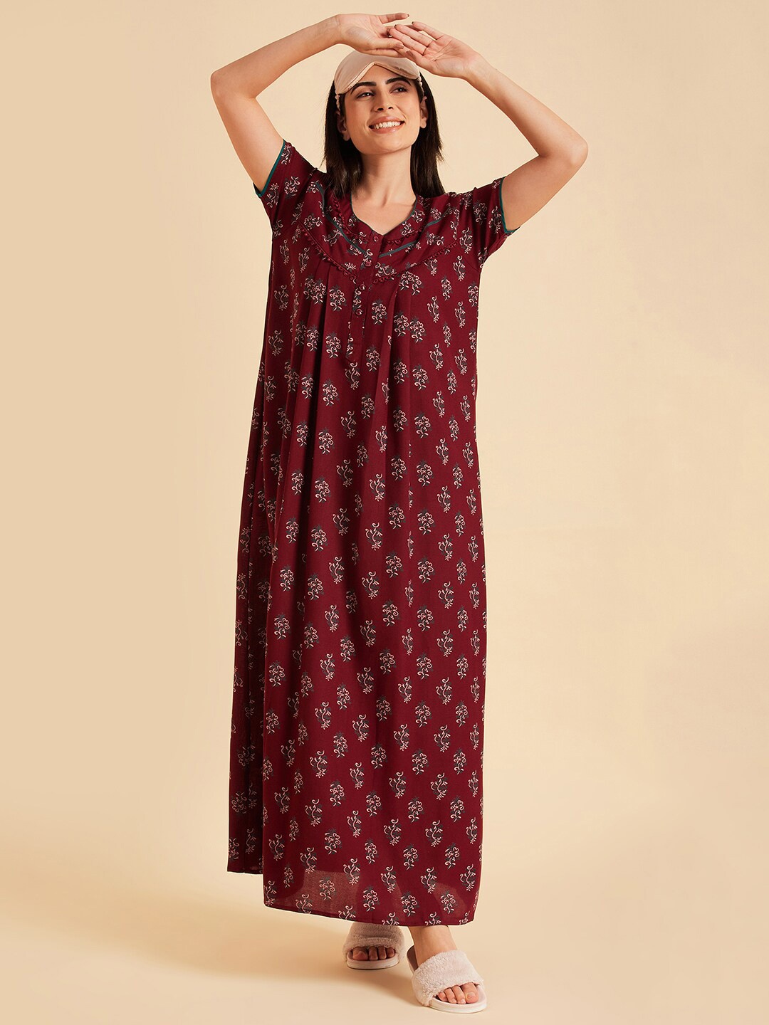 Sweet Dreams Ethnic Motifs Printed Maxi Nightdress, Maroon