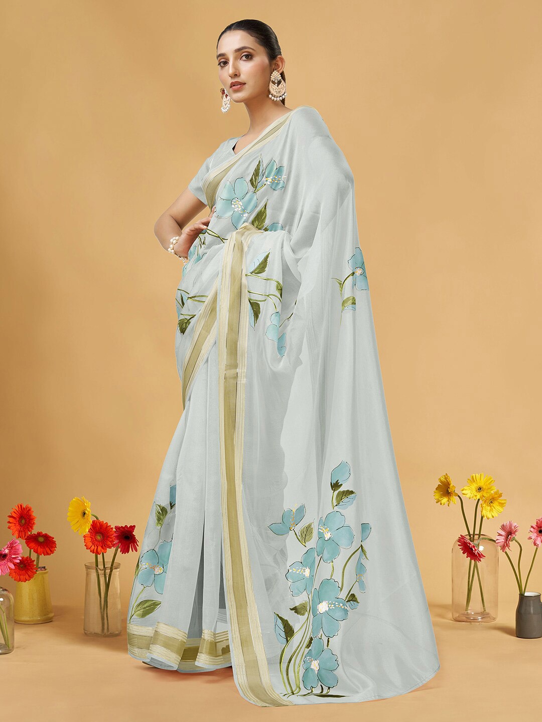 Kasak Hand Painted Zari Organza Saree, Grey
