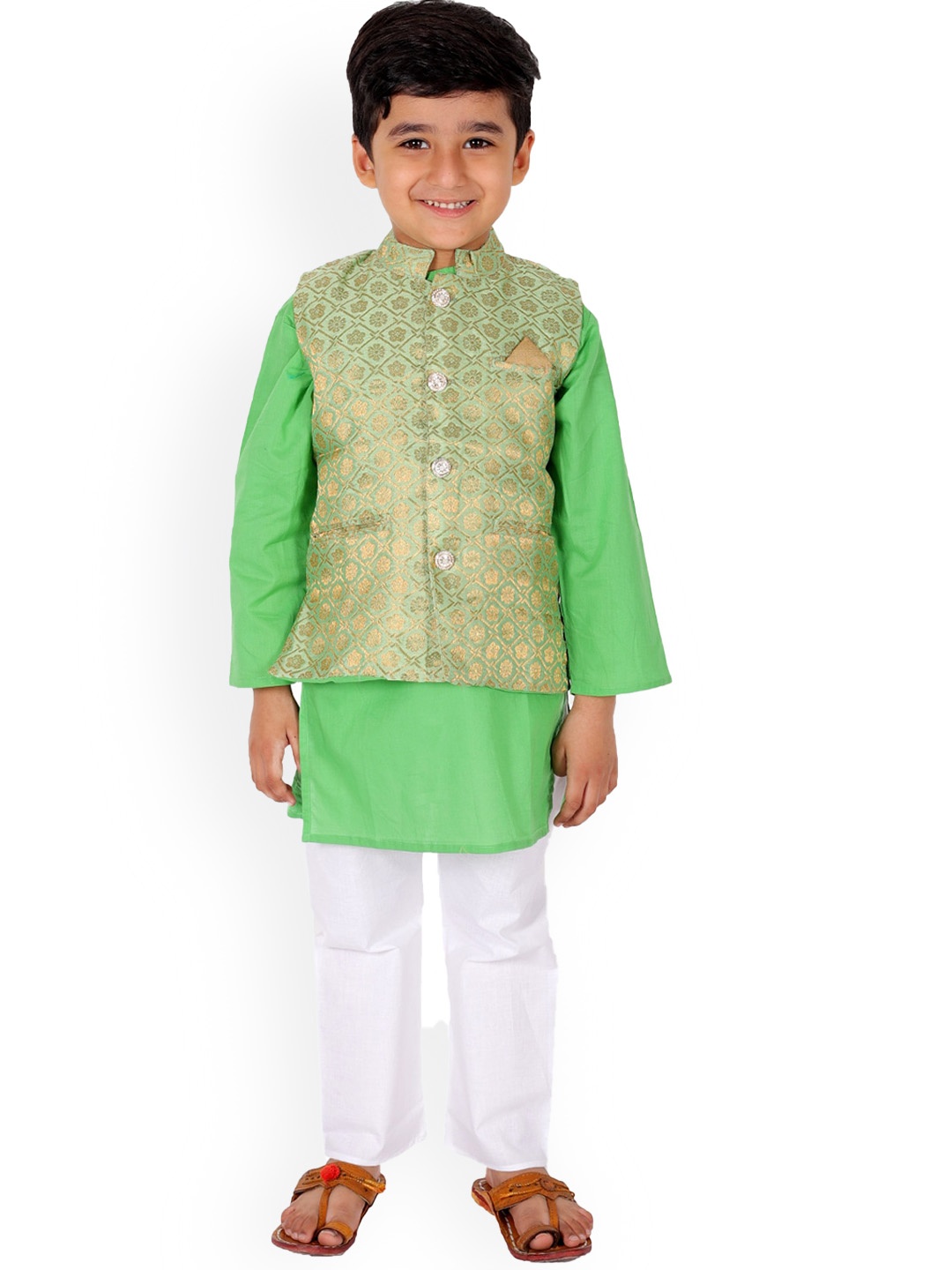 Superminis Boys Pure Cotton Straight Kurta With Pyjamas & Nehru Jacket, Green